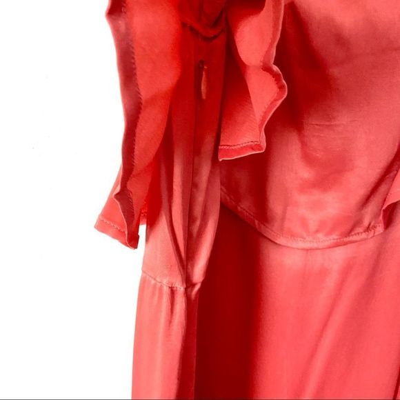 NWT Anthropologie Shelley Coral Orange Pink Satin Ruffle Slit Midi Dress - Picture 5 of 5